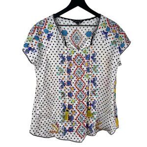 John Mark  Polka Dot Embroidered Blouse Top Tassels Yellow Floral Back Boho SZ S